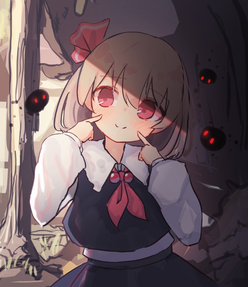 1girl :&gt; bangs black_skirt blonde_hair blouse blush commentary cravat darkness dress_shirt eyebrows_visible_through_hair finger_to_cheek forest grass hair_ribbon long_sleeves looking_to_the_side nature necktie outdoors pointing pointing_at_self red_eyes red_neckwear red_ribbon ribbon rumia shade shirt short_hair skirt smile solarisu solo touhou tree upper_body vest white_blouse white_shirt wing_collar