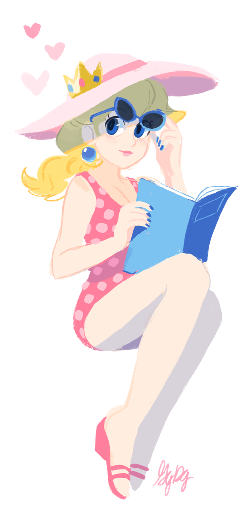 blonde_hair book gigi_d.g. hat super_mario_bros. princess_peach sandals source_request sun_hat sunglasses swimsuit