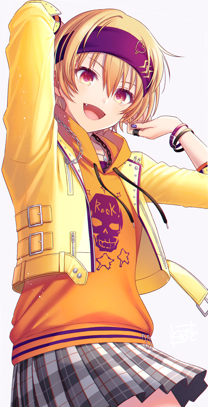 1girl :d arm_behind_head arm_belt arm_up artist_name bangs blonde_hair chain clothes_writing commentary_request cowboy_shot cropped_jacket drawstring eyebrows_visible_through_hair fang fingernails from_below grey_background grey_skirt hair_between_eyes hand_up headband heart highres hood hood_down hoodie idolmaster idolmaster_shiny_colors jacket jewelry light_particles looking_at_viewer looking_down miniskirt multicolored multicolored_eyes nail_polish necklace open_clothes open_jacket open_mouth orange_hoodie own_hands_together pendant pink_eyes plaid plaid_skirt pleated_skirt print_hoodie purple_headband purple_nails safety_pin saijou_juri short_hair signature simple_background skirt skull_print sleeves_past_elbows smile solo standing tobade_(tbdfactory) yellow_eyes yellow_jacket