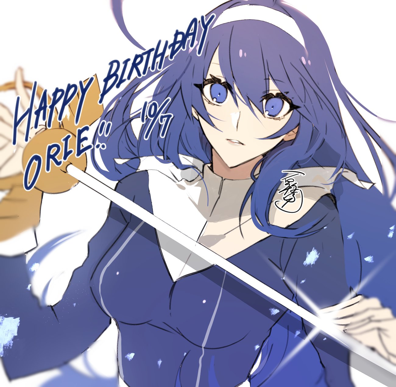 1girl ahoge birthday blue_dress blue_eyes blue_hair breasts dated dress english_text hair_between_eyes hairband highres holding holding_weapon huge_ahoge long_hair looking_at_viewer medium_breasts orie_(under_night_in-birth) parted_lips rapier roas01b simple_background solo sword under_night_in-birth upper_body weapon white_hairband