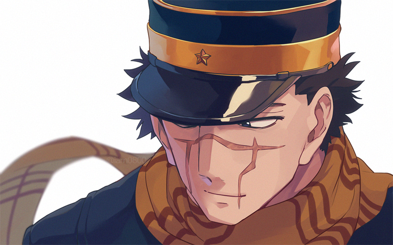 1boy blurry brown_hair closed_mouth commentary_request depth_of_field facial_scar golden_kamuy hat looking_to_the_side male_focus military military_hat military_uniform mouth_scar nose_scar portrait sayshownen scar scarf serious short_hair simple_background solo sugimoto_saichi uniform white_background