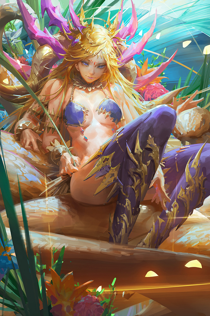 1girl armlet blonde_hair blue_eyes bracelet commentary_request extra_arms facial_mark fantasy forehead_mark gold gold_trim jewelry kali_(p&amp;d) long_hair looking_at_viewer puzzle_&amp;_dragons revealing_clothes sitting solo thigh-highs youshun_(naturaljuice)