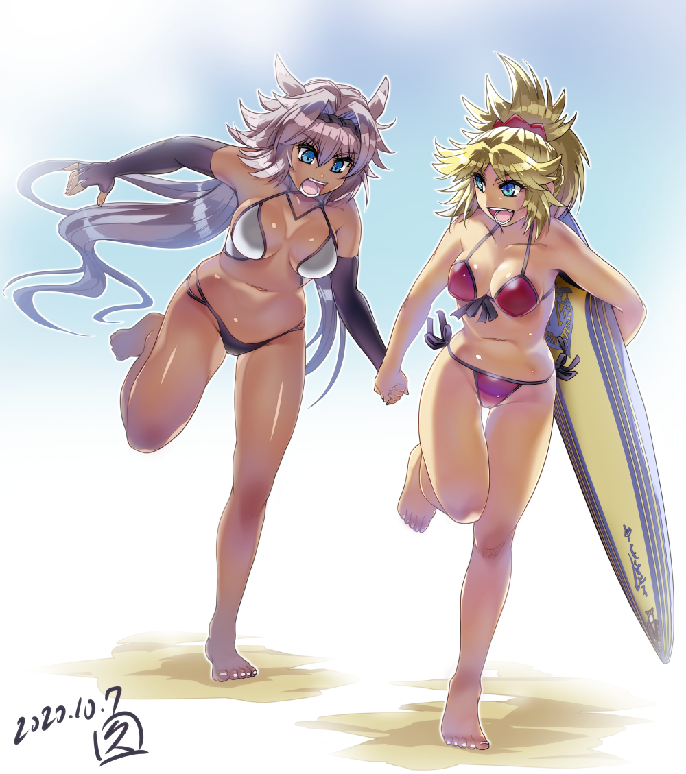 2girls :d bad_feet barefoot bikini blonde_hair blue_eyes breasts caenis_(fate) carrying_under_arm dark_skin dated elbow_gloves error eyebrows_visible_through_hair fate/grand_order fate_(series) fingerless_gloves gloves hisahiko holding_hands long_hair looking_at_another medium_breasts mordred_(fate) mordred_(fate)_(all) multiple_girls navel open_mouth pink_hair red_bikini revision running shiny shiny_skin short_hair side-tie_bikini smile surfboard swimsuit tan teeth toes white_bikini