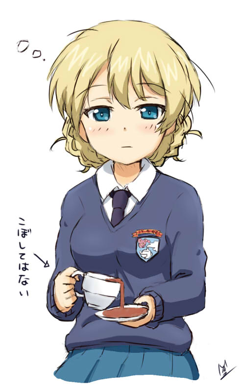 1girl aqua_skirt blue_eyes blue_swimsuit blush cropped_legs cup darjeeling_(girls_und_panzer) emblem girls_und_panzer looking_at_viewer ma-2_(konkon_kitakitsune) messy_hair necktie saucer school_uniform sketch skirt solo solo_focus spilling st._gloriana's_(emblem) st._gloriana's_school_uniform swimsuit teacup translation_request