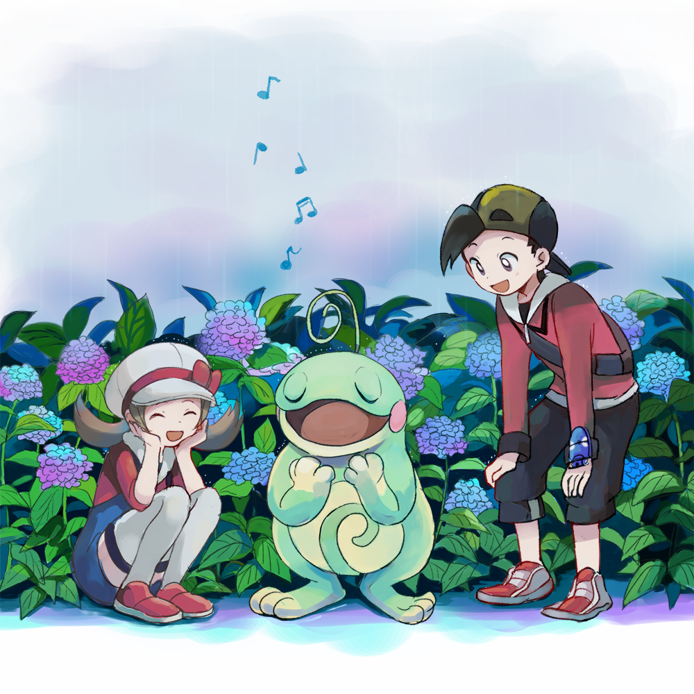 1boy 1girl backwards_hat baseball_cap black_hair brown_hair capri_pants closed_eyes commentary_request ethan_(pokemon) gen_2_pokemon hariiro_pon hat leaf leaning_forward lyra_(pokemon) music musical_note open_mouth pants pokemon pokemon_(creature) pokemon_(game) pokemon_hgss politoed red_footwear shoes singing smile thigh-highs twintails white_headwear white_legwear