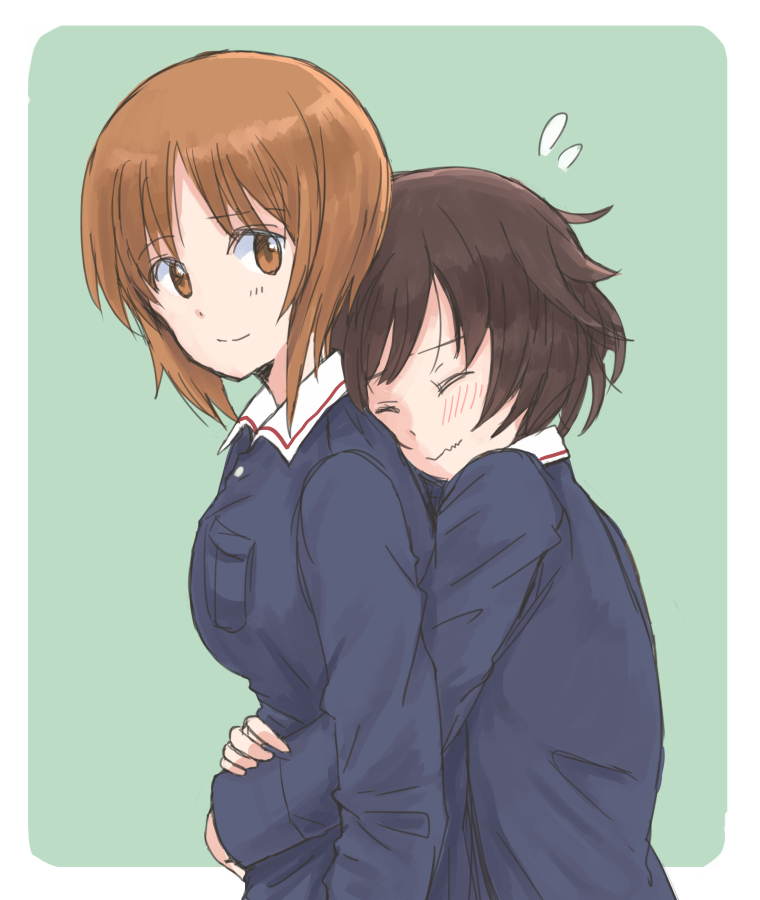 2girls akiyama_yukari brown_hair closed_eyes flying_sweatdrops girls_und_panzer hug hug_from_behind multiple_girls mutsu_(layergreen) nishizumi_miho ooarai_military_uniform orange_eyes orange_hair short_hair simple_background wavy_mouth yuri