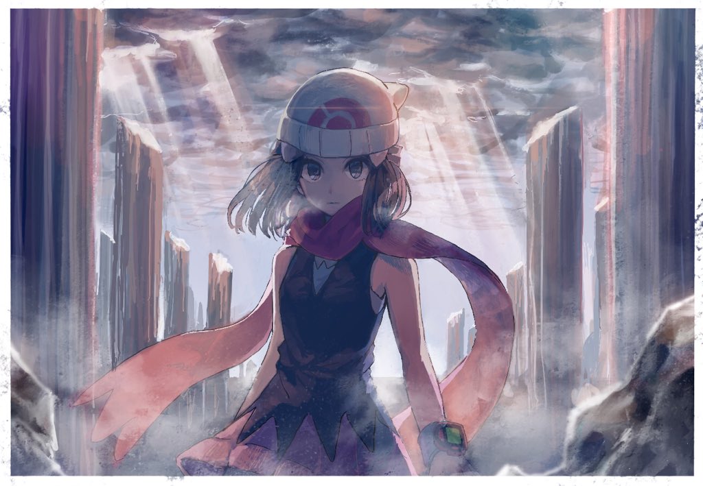 1girl beanie black_hair closed_mouth commentary_request hikari_(pokemon) flowing_scarf hair_ornament hat light_beam looking_at_viewer nosutaal outdoors pokemon pokemon_(game) pokemon_dppt rock scarf sleeveless solo spear_pillar white_headwear