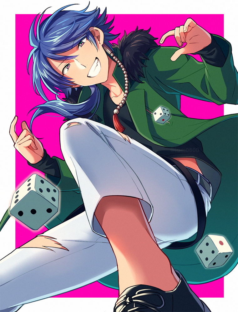 1boy arisugawa_dice bangs beads belt black_footwear black_shirt blue_hair border commentary_request dice eyebrows_visible_through_hair from_below fur-trimmed_jacket fur_trim green_jacket grin hair_beads hair_between_eyes hair_ornament hypnosis_mic jacket long_hair looking_at_viewer male_focus open_clothes open_jacket outside_border pants pink_background sayshownen shirt shoes smile solo torn_clothes torn_pants twitter_username violet_eyes watermark white_border white_pants