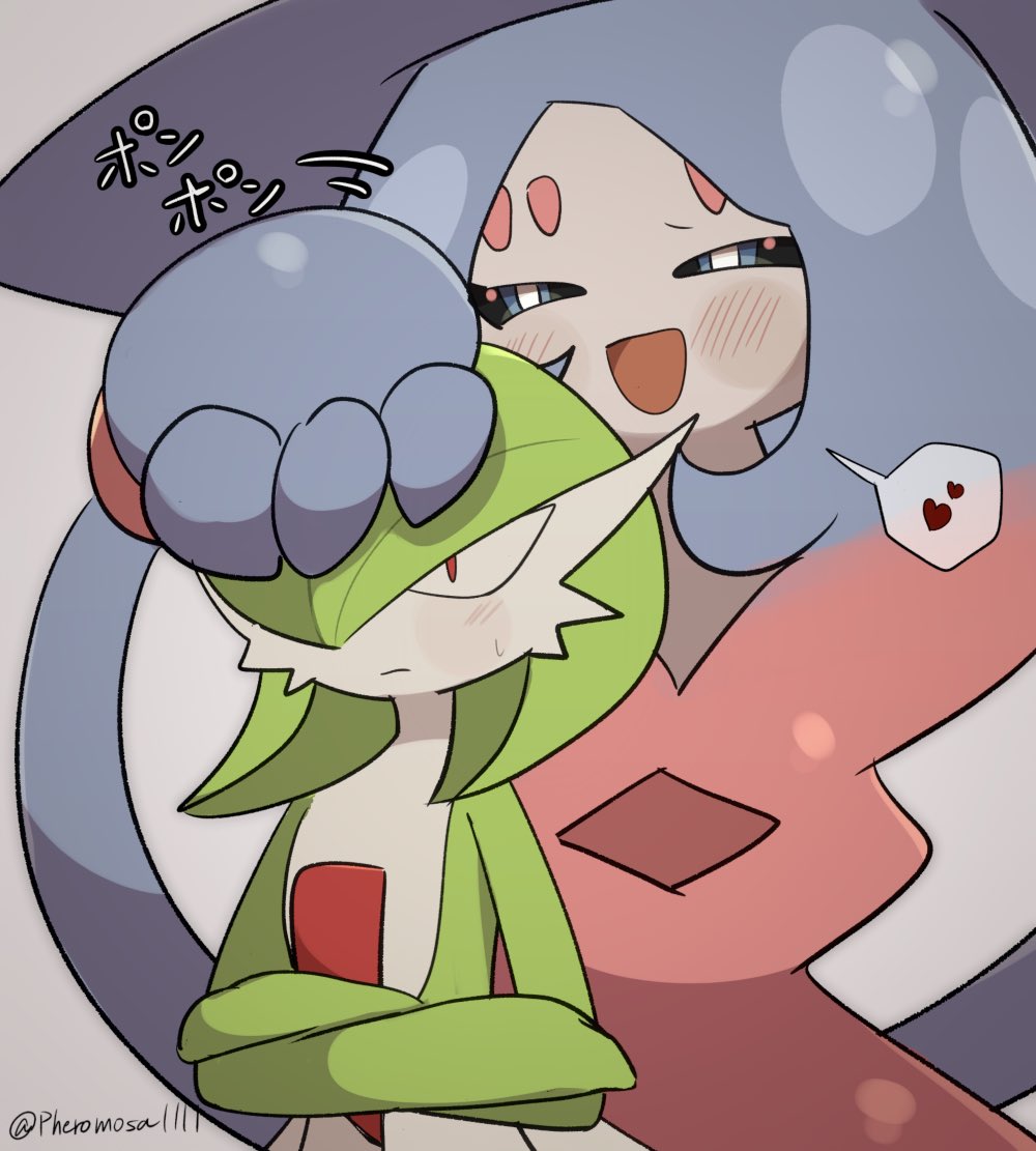 a-nya blue_eyes blush closed_mouth commentary_request crossed_arms gardevoir gen_3_pokemon gen_8_pokemon grey_background half-closed_eyes hatterene heart light_blush no_pupils open_mouth petting pokemon pokemon_(creature) red_eyes speech_bubble spoken_heart tongue watermark