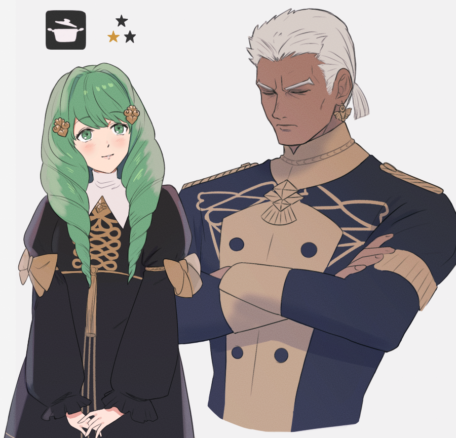 1boy 1girl adz_lrp closed_eyes closed_mouth crossed_arms dark_skin dark_skinned_male dedue_molinaro earrings fire_emblem fire_emblem:_three_houses flayn_(fire_emblem) garreg_mach_monastery_uniform green_eyes green_hair grey_hair hair_ornament jewelry long_hair long_sleeves simple_background uniform upper_body