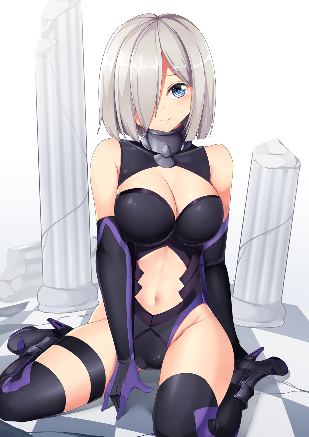 1girl alternate_costume black_gloves black_legwear black_leotard blue_eyes breasts clothing_cutout cosplay elbow_gloves fate/grand_order fate_(series) gloves hair_over_one_eye hamakaze_(kantai_collection) high_heels highres kantai_collection large_breasts leotard mash_kyrielight mash_kyrielight_(cosplay) navel navel_cutout short_hair silver_hair sitting solo thigh-highs wariza yasume_yukito