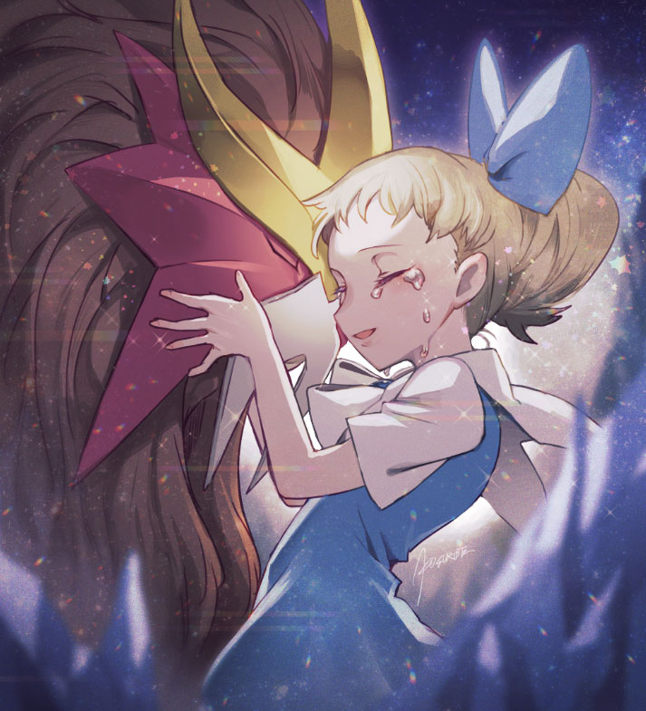 1girl blonde_hair closed_eyes commentary_request crying dress entei eyelashes gen_2_pokemon hair_ornament hands_up kusuribe legendary_pokemon molly_hale pokemon pokemon_(anime) pokemon_(classic_anime) pokemon_(creature) pokemon_m03 short_sleeves smile tears