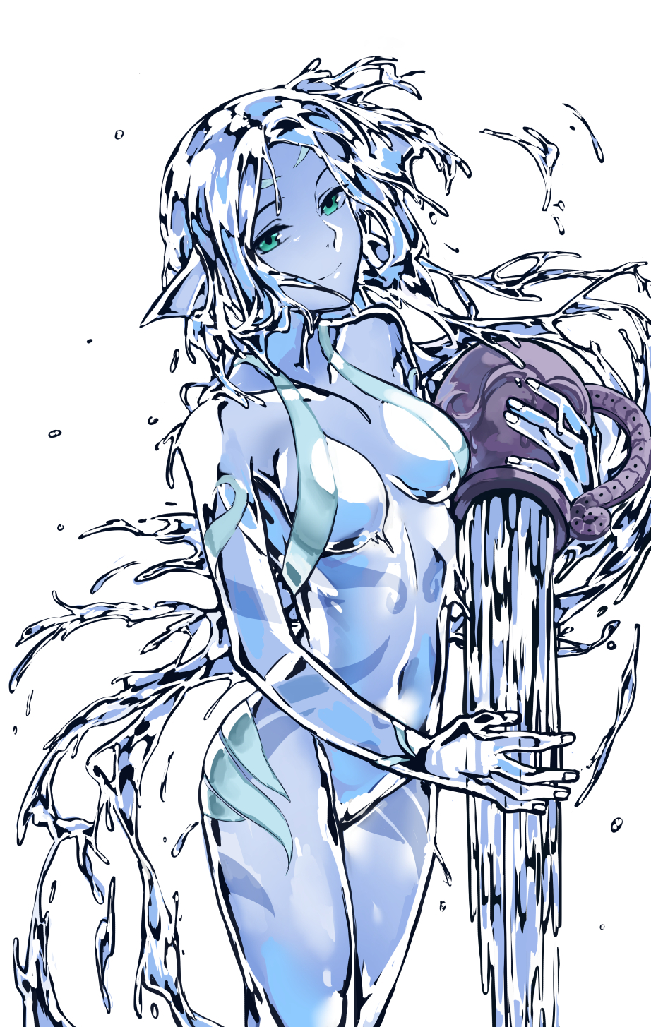 1girl aqua_eyes blue_skin breasts collarbone commentary elemental_(creature) english_commentary head_fins highres jar light_smile liquid_hair looking_at_viewer medium_breasts monster_girl monster_girl_encyclopedia navel pouring simple_background solo transparent undine_(monster_girl_encyclopedia) water white_background zakirsiz