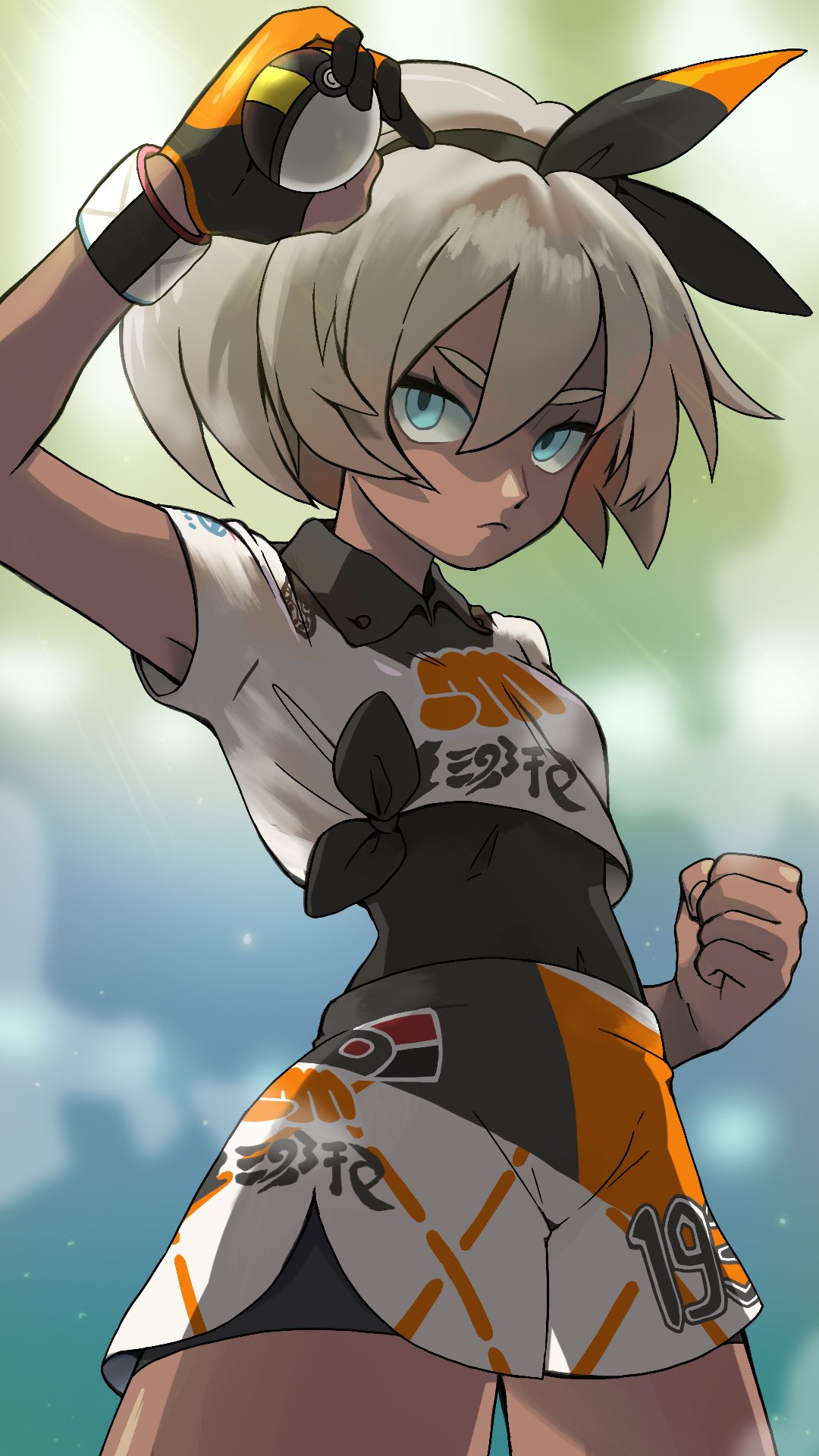 1girl arm_up bangs bea_(pokemon) black_bodysuit black_hairband blonde_hair blue_eyes bodysuit bodysuit_under_clothes bow_hairband clenched_hand closed_mouth collared_shirt commentary_request cowboy_shot dynamax_band eyelashes gloves gym_leader hair_between_eyes hairband highres holding holding_poke_ball nosutaal number partly_fingerless_gloves poke_ball pokemon pokemon_(game) pokemon_swsh print_shirt print_shorts shirt short_hair short_sleeves shorts single_glove solo tied_shirt ultra_ball