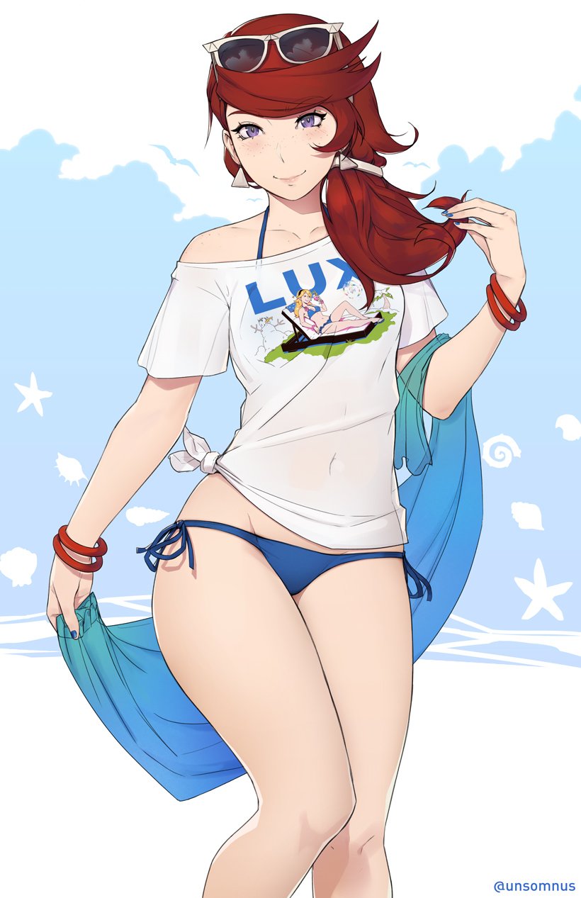 1girl bangle bikini blue_bikini blue_nails borrowed_character bracelet cameo carolynne_d'azur commentary covered_navel duplicate earrings english_commentary flat_chest freckles hair_over_shoulder highres jewelry league_of_legends low_ponytail luxanna_crownguard off-shoulder_shirt off_shoulder original print_shirt redhead shirt side-tie_bikini side-tie_shirt smile solo standing swimsuit t-shirt towel triangle_earrings twitter_username unsomnus violet_eyes wet wet_clothes wet_shirt wet_t-shirt