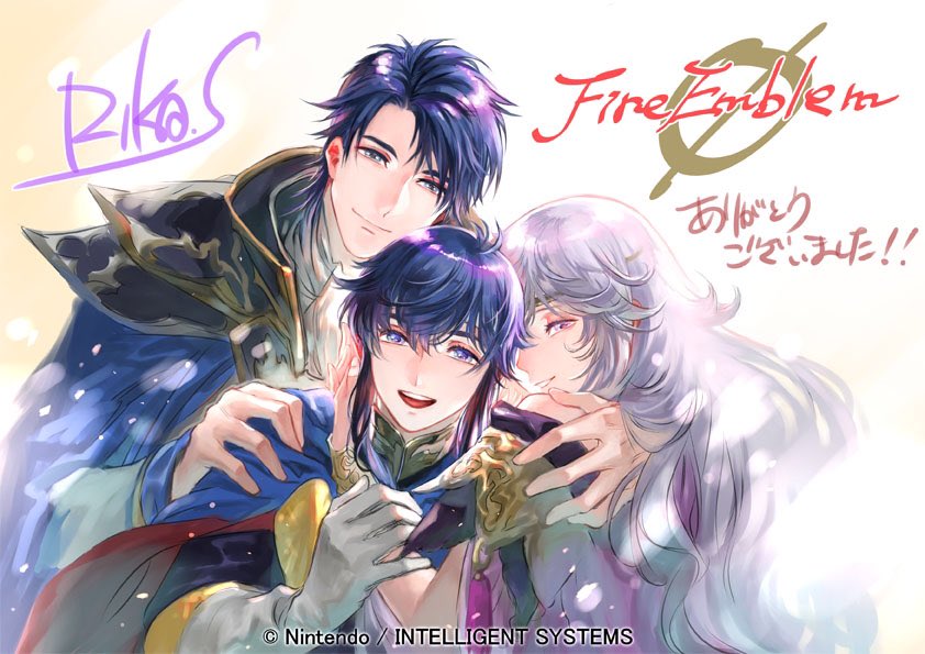 1girl 2boys blue_eyes blue_hair closed_mouth company_name copyright_name deirdre_(fire_emblem) father_and_son fire_emblem fire_emblem:_genealogy_of_the_holy_war fire_emblem_cipher gloves husband_and_wife long_hair long_sleeves mother_and_son multiple_boys official_art open_mouth purple_hair seliph_(fire_emblem) short_hair sigurd_(fire_emblem) smile suzuki_rika white_gloves