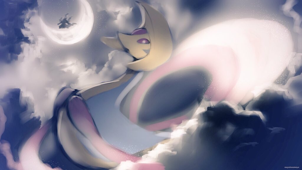 artist_name clouds commentary_request cresselia darkrai gen_4_pokemon glowing legendary_pokemon looking_at_viewer mayotsunamayo moon mythical_pokemon no_humans outdoors pink_eyes pokemon pokemon_(creature) watermark