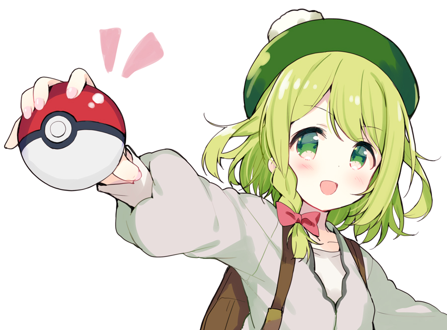 1girl :d backpack bag bangs blush bow braid collarbone cosplay eyebrows_visible_through_hair fingernails gloria_(pokemon) gloria_(pokemon)_(cosplay) green_eyes green_hair green_headwear grey_jacket hair_bow hat holding holding_poke_ball jacket long_sleeves meito_(maze) morinaka_kazaki nail_polish nijisanji notice_lines open_mouth outstretched_arm pink_nails poke_ball poke_ball_(basic) pokemon pokemon_(game) pokemon_swsh puffy_long_sleeves puffy_sleeves red_bow shirt simple_background single_braid smile solo tam_o'_shanter upper_body v-shaped_eyebrows virtual_youtuber white_background white_shirt