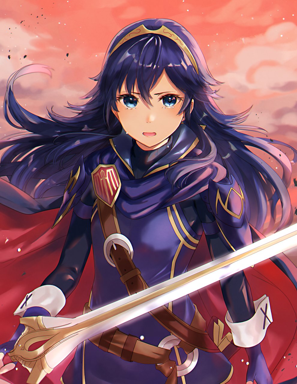 1girl blue_eyes blue_gloves blue_hair falchion_(fire_emblem) fingerless_gloves fire_emblem fire_emblem_awakening gloves haru_(nakajou-28) highres holding holding_sword holding_weapon long_hair long_sleeves lucina lucina_(fire_emblem) open_mouth solo sword weapon