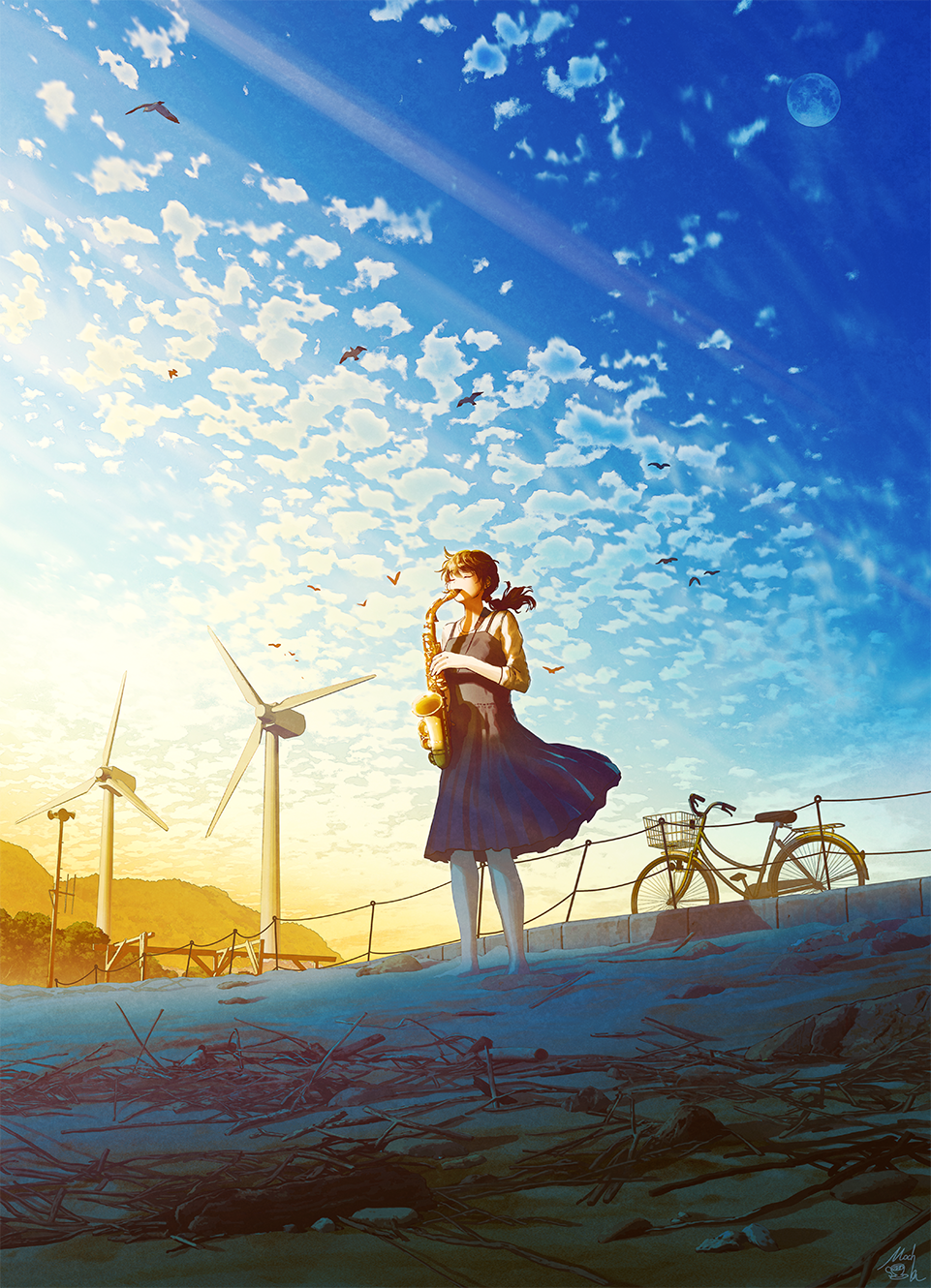 1girl animal barefoot beach bicycle bird blue_dress blue_sky brown_hair clouds cloudy_sky commentary_request dress floating_hair ground_vehicle highres holding holding_instrument instrument long_hair long_sleeves low_ponytail mocha_(cotton) original outdoors pleated_dress ponytail sand shirt sky sleeveless sleeveless_dress solo standing sunset white_shirt wind_turbine windmill