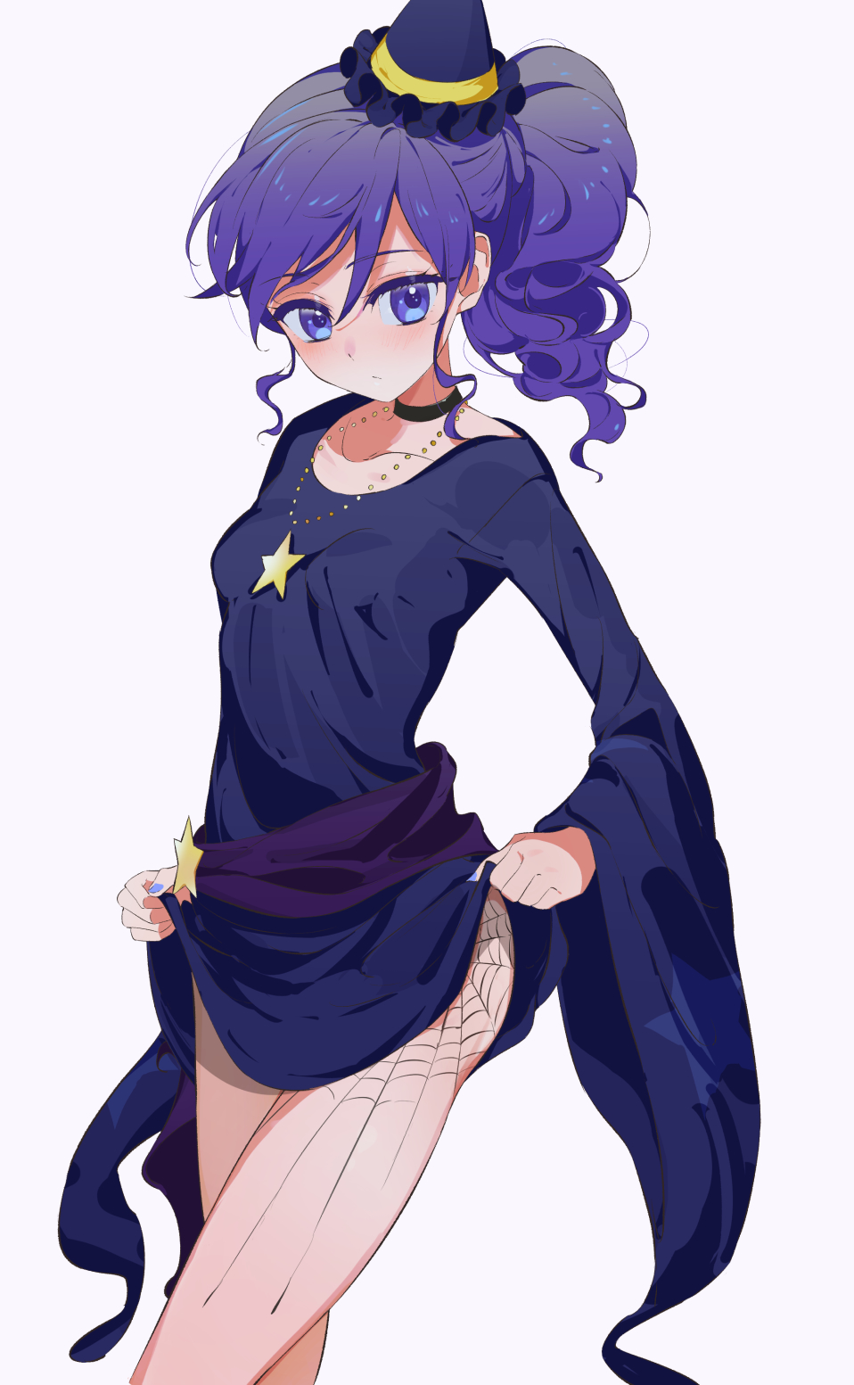 1girl aikatsu! aikatsu!_(series) bangs black_choker black_dress black_headband blue_eyes blue_hair blue_nails choker closed_mouth cowboy_shot dress dress_lift grey_background halloween_costume hat headband highres jewelry kiriya_aoi lifted_by_self light_blush light_frown long_sleeves looking_at_viewer mini_hat mini_witch_hat nail_polish necklace short_dress side_ponytail sidelocks simple_background solo spider_web_print spider_web_tattoo standing star_(symbol) star_necklace swept_bangs tattoo thighs wavy_hair wide_sleeves witch_costume witch_hat yamamura_saki