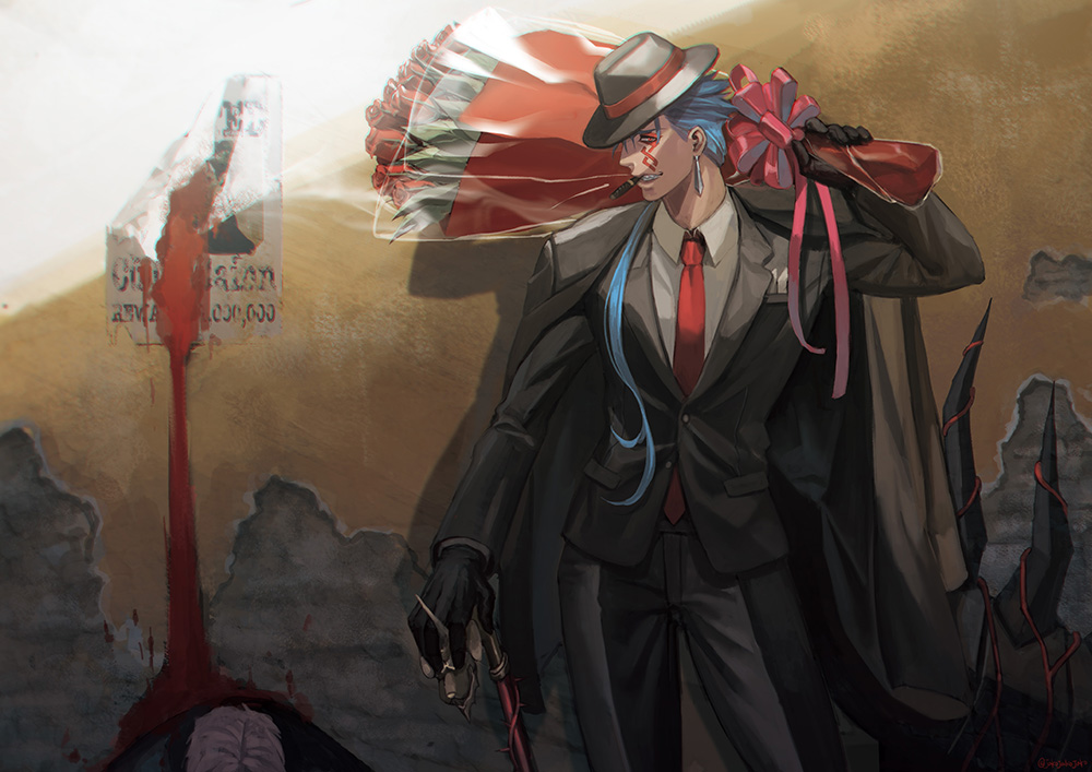 alternate_costume black_gloves blood blood_trail blue_hair bodypaint bouquet cane cigar coat cu_chulainn_(fate)_(all) cu_chulainn_alter_(fate/grand_order) earrings facepaint fate/grand_order fate_(series) fedora flower formal gloves grin hat heroic_spirit_formal_dress jacket jakojakojako jewelry long_hair male_focus necktie overcoat pants ponytail red_eyes rose smile spikes suit tail type-moon