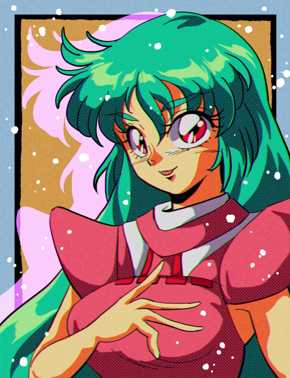1990s_(style) 1girl armpit_peek ciela_lapana commentary green_hair hand_on_own_chest highres looking_at_viewer open_mouth orange_eyes potiri02 seisenshi_dunbine smile solo
