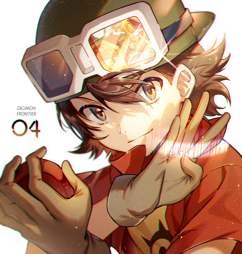 1boy backwards_hat bangs barcode brown_eyes brown_hair copyright_name digimon digimon_frontier ekita_xuan glint gloves goggles goggles_on_headwear green_headwear grey_gloves hair_between_eyes hand_up hat jacket kaisergreymon kanbara_takuya light_particles looking_at_viewer male_focus number print_shirt red_jacket reflection shirt short_sleeves simple_background smile solo upper_body white_background yellow_shirt