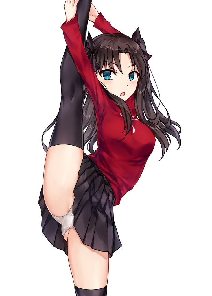 1girl asle bangs black_hair black_legwear black_skirt blue_eyes blush breasts fate/stay_night fate_(series) leg_lift leg_up long_hair looking_at_viewer medium_breasts open_mouth photoshop_(medium) red_sweater simple_background skirt split standing standing_on_one_leg standing_split sweater thigh-highs thighs tohsaka_rin two_side_up white_background