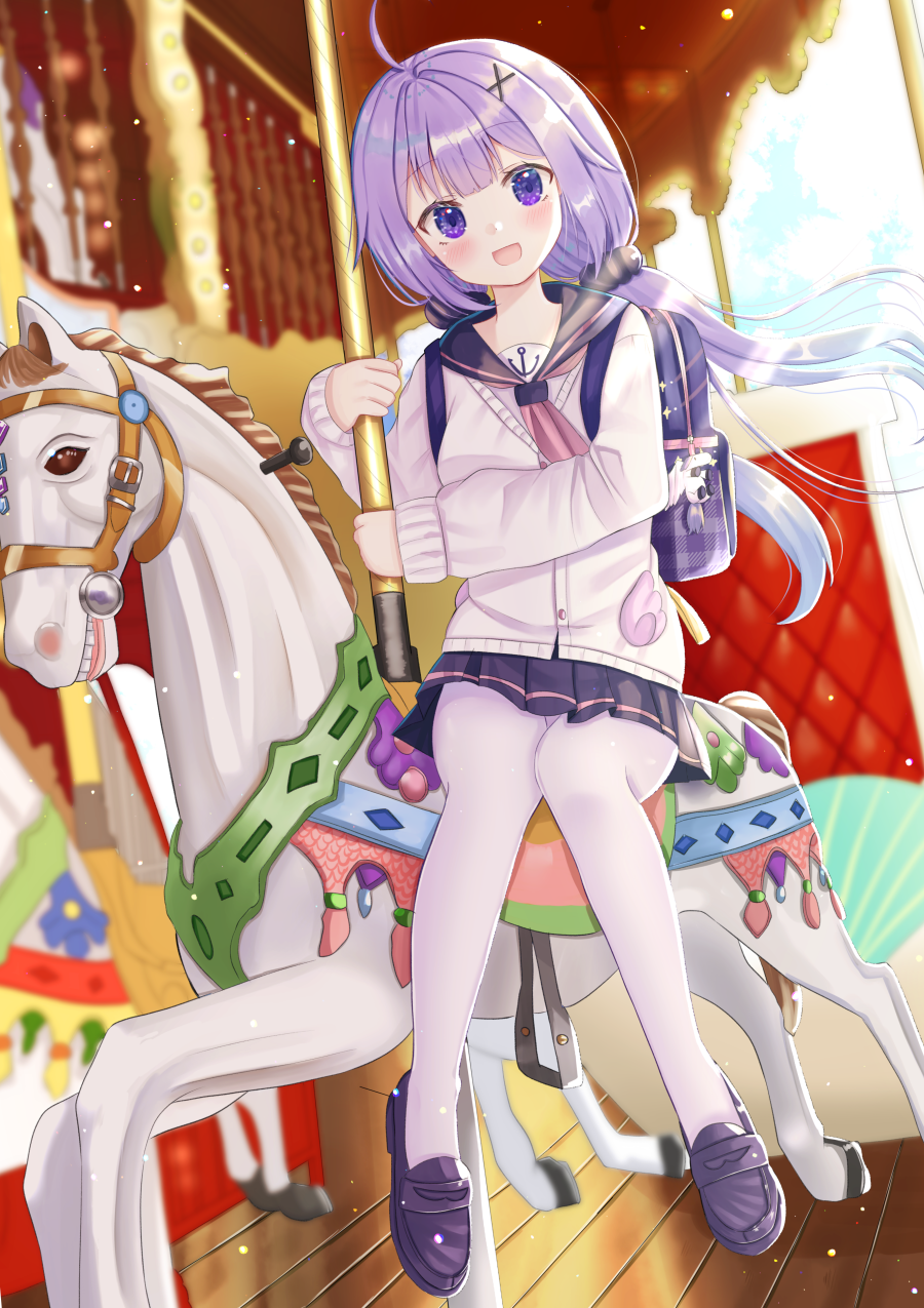 1girl :d ahoge anchor_symbol azur_lane backpack bag black_footwear black_sailor_collar black_skirt blue_eyes blue_sky blurry blurry_background cardigan carousel charm_(object) clouds day hair_ornament hair_scrunchie head_tilt highres holding holding_pole horse knees_together_feet_apart light_blush loafers looking_at_viewer low_twintails neckerchief nibosi open_mouth outdoors pantyhose pink_cardigan pink_neckwear pole purple_hair sailor_collar school_uniform scrunchie serafuku shoes sidesaddle sitting skirt sky sleeves_past_wrists smile solo twintails unicorn_(amusement_park_date)_(azur_lane) unicorn_(azur_lane) white_legwear