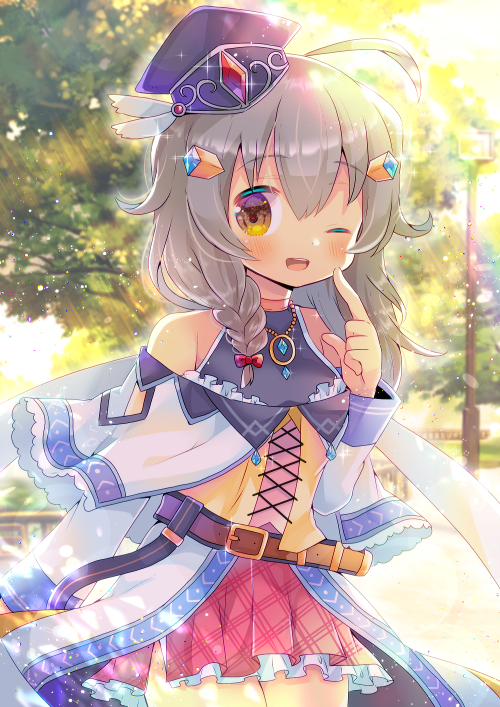 1girl ;d ahoge anri_(sennen_sensou_aigis) bangs bare_shoulders black_headwear blurry blurry_background blush bow braid brown_eyes coat day depth_of_field eyebrows_visible_through_hair frilled_skirt frills grey_hair hair_between_eyes hair_bow hair_ornament hair_over_shoulder hand_up hat kouu_hiyoyo long_hair long_sleeves looking_at_viewer off_shoulder one_eye_closed open_mouth outdoors peaked_cap pleated_skirt red_bow red_skirt sennen_sensou_aigis single_braid skirt smile solo tilted_headwear upper_teeth white_coat