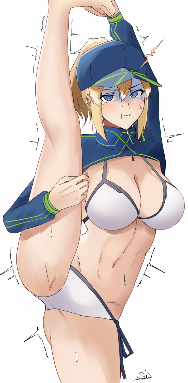 1girl @_@ ahoge artoria_pendragon_(all) aya_(user_ddya7452) bangs bikini breasts cropped_jacket fate/grand_order fate_(series) hair_between_eyes hat highres large_breasts midriff mysterious_heroine_xx_(foreigner) navel ponytail spiral_eyes split standing standing_on_one_leg standing_split swimsuit tearing_up trembling