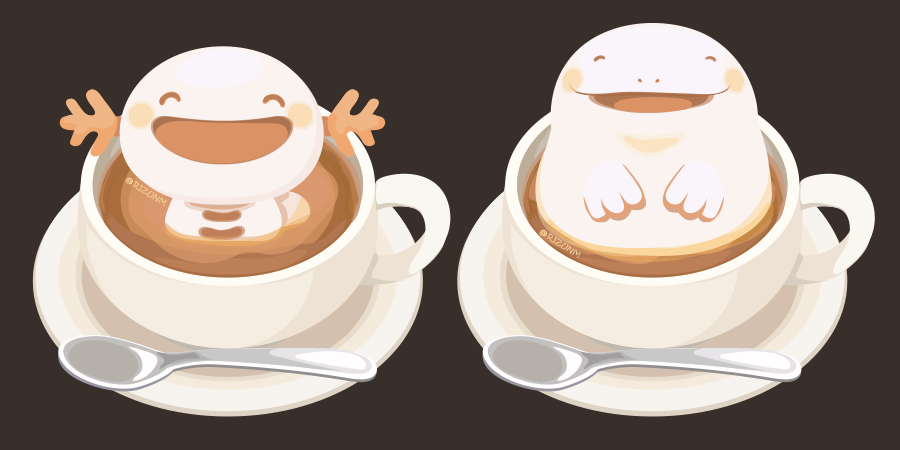 blush brown_background coffee coffee_mug commentary cup food gen_2_pokemon in_food mug muted_color no_humans plate pokemon quagsire rizu_(rizunm) sepia simple_background smile spoon symbol_commentary wooper