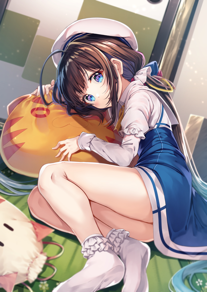 1girl ahoge bangs beret blue_dress blue_eyes blush bobby_socks brown_hair child commentary_request dress eyebrows_visible_through_hair gurasion_(gurasion) hat hinatsuru_ai indoors long_hair long_sleeves looking_at_viewer low_twintails lying no_shoes on_floor on_side parted_lips puffy_short_sleeves puffy_sleeves ryuuou_no_oshigoto! school_uniform short_over_long_sleeves short_sleeves sleeves_past_wrists socks soles solo twintails very_long_hair white_headwear white_legwear
