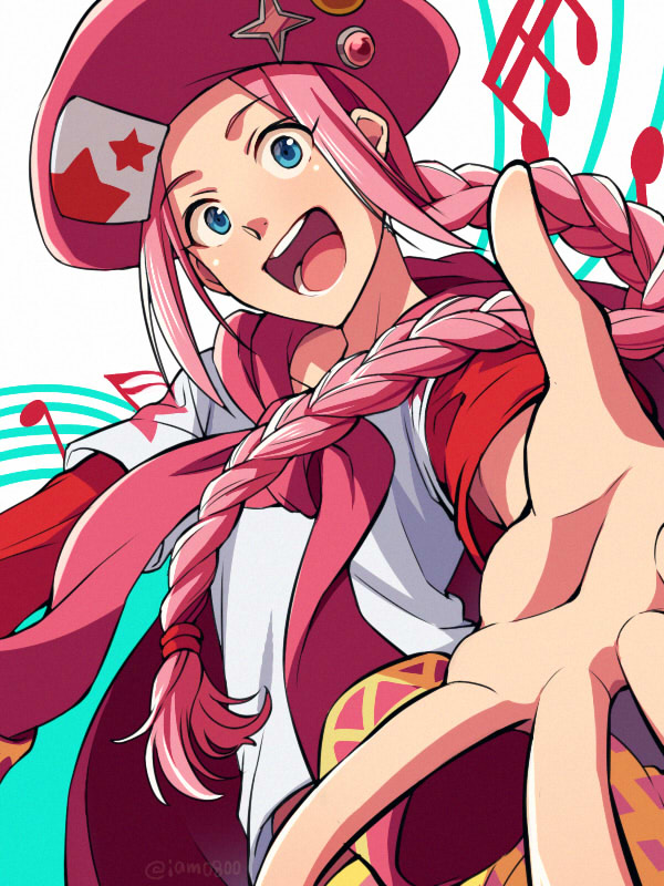 1boy :d blue_eyes braid classicaloid commentary_request hat jacket jacket_on_shoulders layered_clothing long_hair looking_at_viewer male_focus musical_note open_hand open_mouth pink_hair pink_headwear pink_jacket red_shirt sayshownen shirt single_braid smile solo star_(symbol) star_print tied_jacket twitter_username upper_body upper_teeth watermark white_background white_shirt wolfgang_amadeus_mozart_(classicaloid)