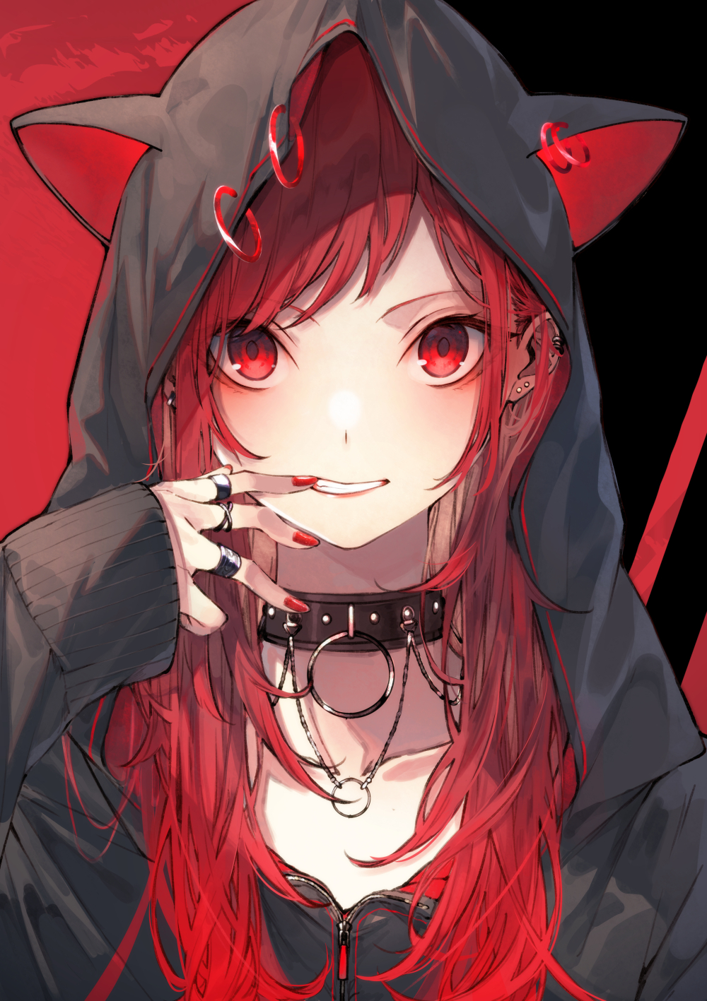 1girl animal_hood bangs black_background black_collar black_jacket cat_hood collar commentary_request ear_piercing earrings fingersmile grin highres hood hood_up hooded_jacket jacket jewelry kuwashima_rein long_hair looking_at_viewer original piercing red_background red_eyes red_nails redhead ring sleeves_past_wrists smile solo swept_bangs upper_body zipper