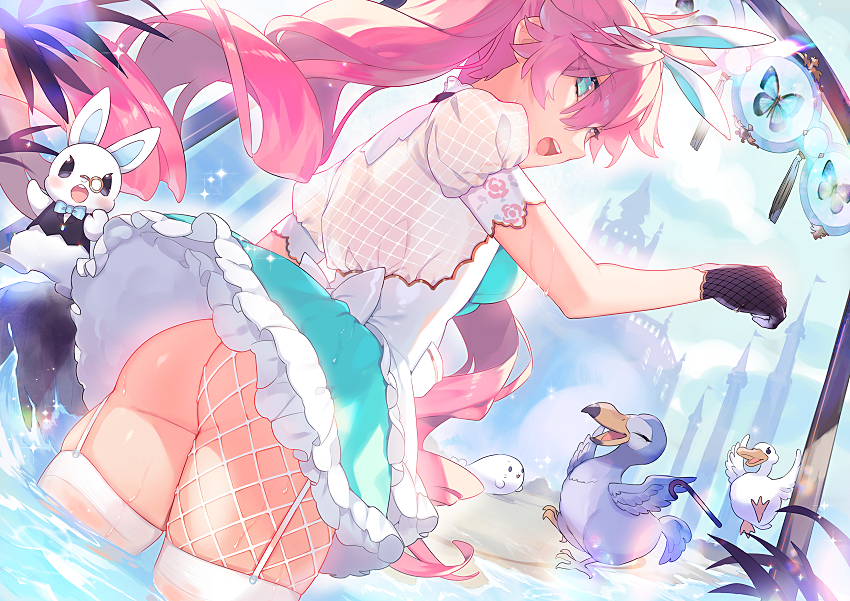 1girl :d animal_ears aqua_eyes ass bangs bodysuit_under_clothes bow breasts dress drill_hair fake_animal_ears fishnet_legwear fishnets gloves hair_between_eyes hairband large_breasts long_hair looking_at_viewer open_mouth original pink_hair puffy_short_sleeves puffy_sleeves rabbit_ears sa9no see-through short_sleeves skindentation smile solo stuffed_animal stuffed_bunny stuffed_toy suzette_(sa9no) thigh-highs thighs twin_drills wading wet white_legwear