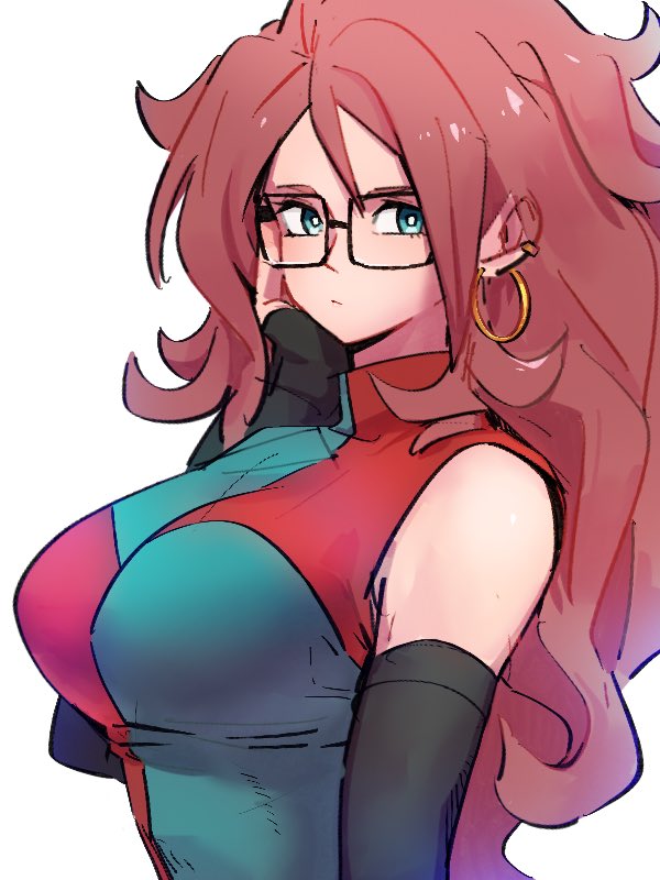 1girl android_21 black-framed_eyewear blue_eyes checkered checkered_dress dragon_ball dragon_ball_fighterz dress earrings glasses hand_up hoop_earrings jewelry kemachiku long_hair looking_at_viewer redhead simple_background solo white_background