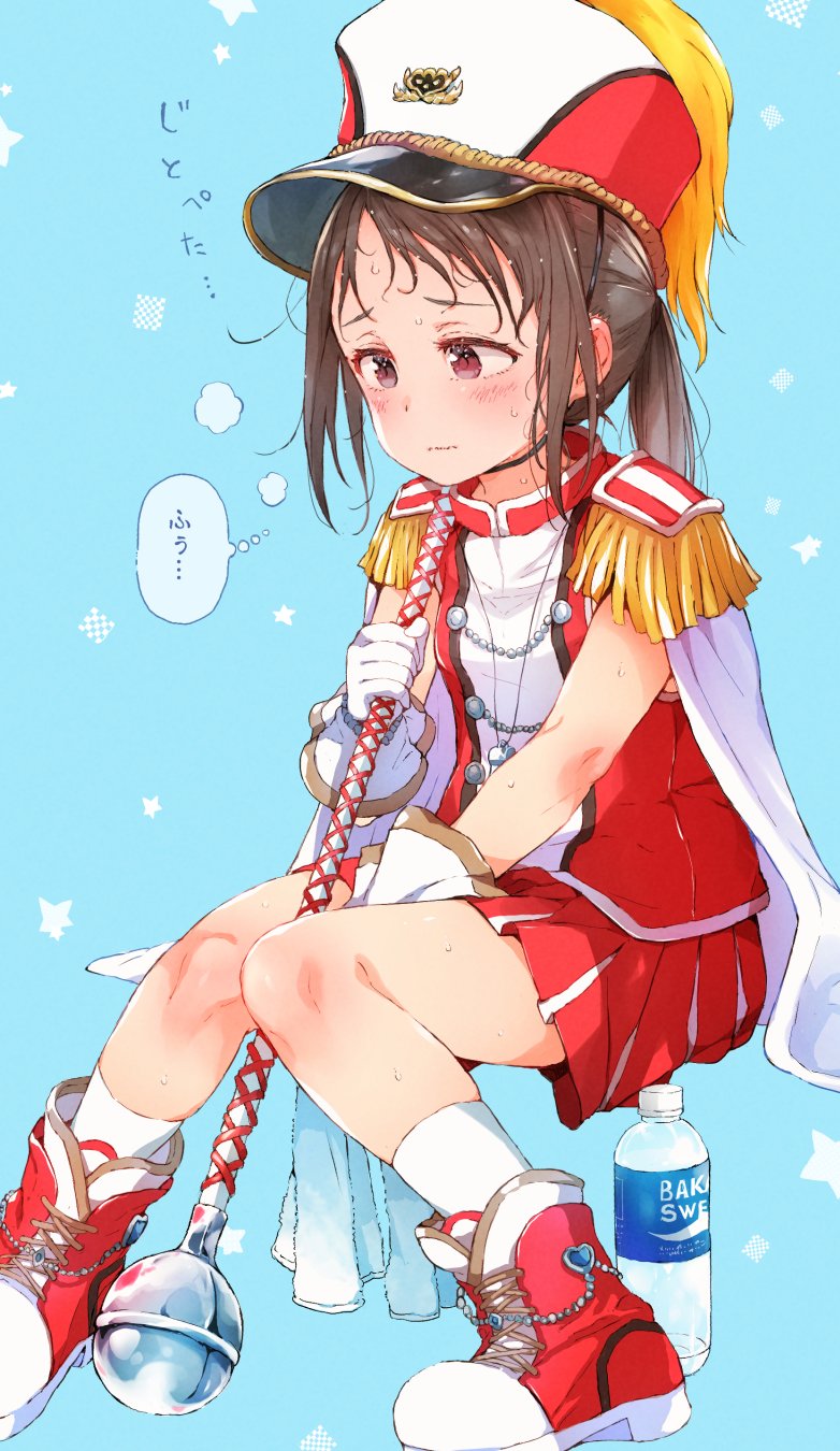 1girl bangs blue_background blush boots bottle brand_name_imitation brown_eyes brown_hair capelet closed_mouth commentary_request epaulettes gloves gomennasai hat highres holding knees_together_feet_apart looking_away original pleated_skirt pocari_sweat red_footwear red_headwear red_shirt red_skirt shako_cap shirt sitting skirt sleeveless sleeveless_shirt socks solo sweat translation_request water_bottle wavy_mouth white_capelet white_gloves white_legwear