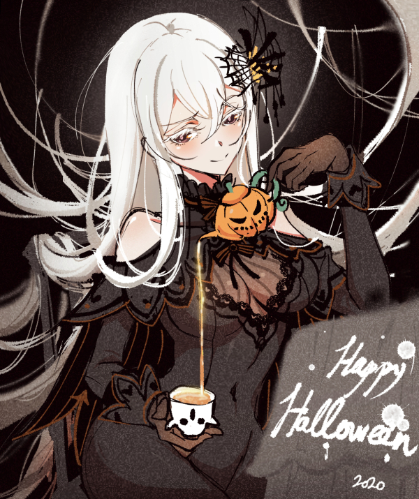 1girl bare_shoulders black_eyes cup echidna_(re:zero) gloves hair_ornament halloween happy_halloween jack-o'-lantern kn_knowhere long_hair looking_at_viewer re:zero_kara_hajimeru_isekai_seikatsu sitting smile solo spider_web_hair_ornament teacup white_hair