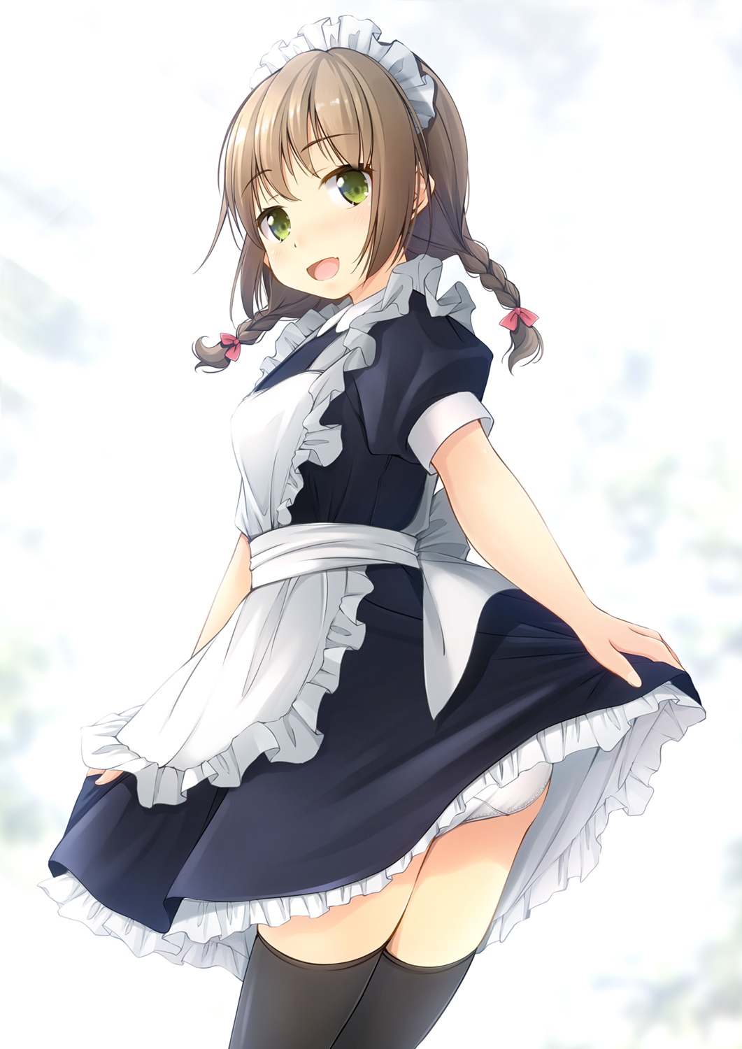 apron ass dress dress_lift fang green_eyes hair_ribbon hairband highres looking_at_viewer maid maid_apron maid_dress maid_headdress medium_hair open_mouth original panties ribbon shibacha short_twintails simple_background skirt skirt_lift thigh-highs thighs twintails underwear