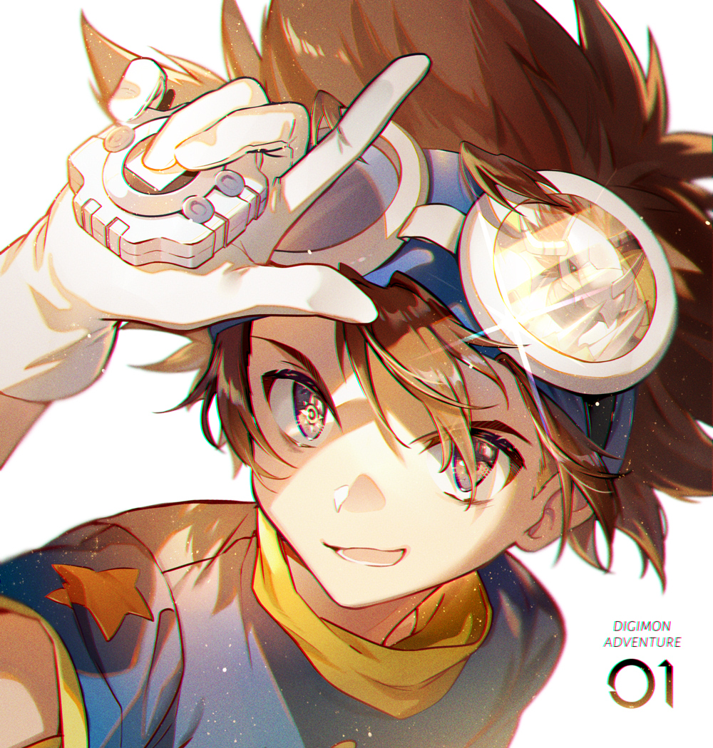 1boy bangs brown_eyes brown_hair copyright_name digimon digimon_adventure ekita_xuan gloves goggles goggles_on_head hair_over_one_eye hand_up headband light_particles looking_at_viewer male_focus number portrait reflection shading_eyes shirt short_sleeves simple_background smile solo spiky_hair star_(symbol) symbol-shaped_pupils t-shirt turtleneck wargreymon white_background white_gloves yagami_taichi