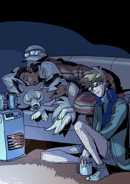 2boys baseball_cap beer_can blonde_hair can closed_mouth commentary_request cup eyewear_on_headwear gen_7_pokemon half-closed_eyes hat head_on_pillow headwear_removed holding indoors kukui_(pokemon) leg_hair lycanroc lycanroc_(midday) lying molayne_(pokemon) mug multiple_boys on_side pokemon pokemon_(creature) pokemon_(game) pokemon_sm shorts sleeping sleepy socks waosatogo