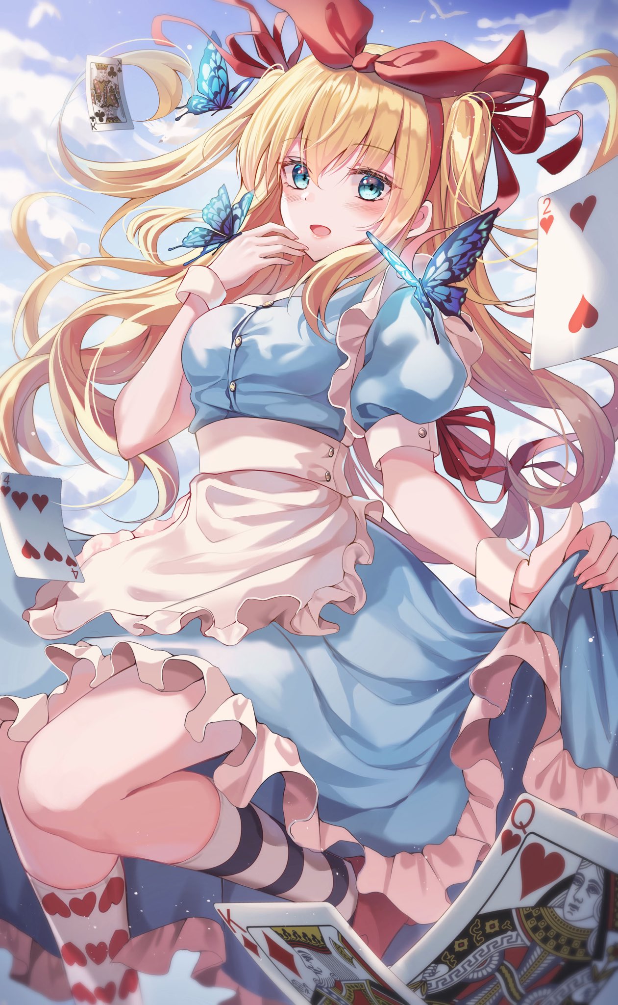 1girl alice_in_wonderland apron blonde_hair blue_dress blue_eyes blush bow breasts curtsey dress dress_lift hair_bow hair_ribbon hairband highres icebox46 long_hair looking_at_viewer medium_breasts open_mouth original pinafore_dress ribbon skirt skirt_lift socks solo standing standing_on_one_leg thighs twintails
