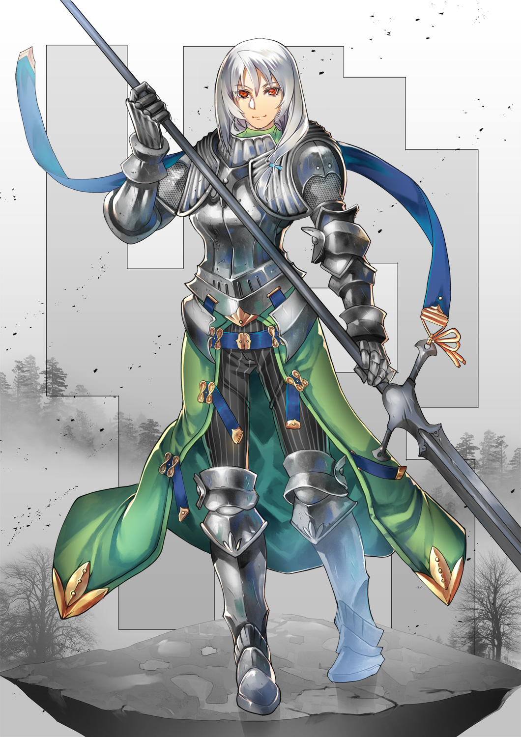 1girl armor armored_boots boots breastplate commentary_request commission faulds forest full_body gauntlets highres holding holding_weapon knight medium_hair nature original plate_armor polearm red_eyes shoulder_armor skeb_commission smile solo spear standing takayama_dan waist_cape weapon white_hair
