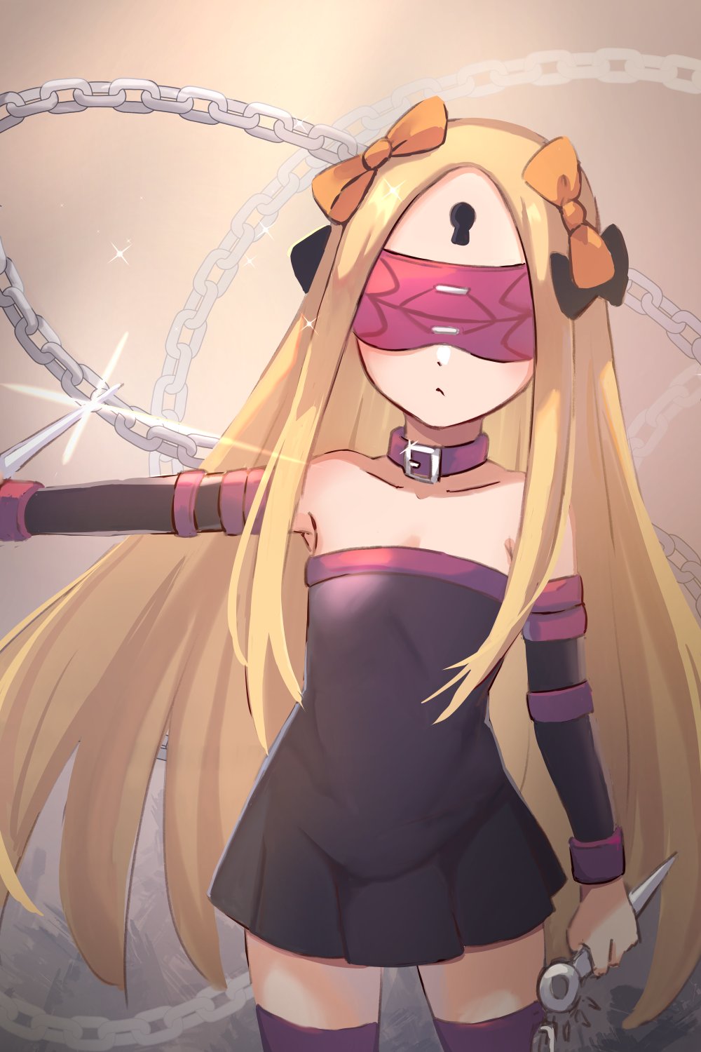 1girl abigail_williams_(fate/grand_order) bangs bare_shoulders black_bow black_dress black_sleeves blindfold blonde_hair blue_eyes blush bow breasts chain closed_mouth collar collarbone cosplay dagger detached_sleeves dress fate/grand_order fate/stay_night fate_(series) forehead glint hair_bow highres keyhole loli long_hair long_sleeves looking_at_viewer medusa_(fate)_(all) medusa_(fate)_(all)_(cosplay) miya_(miyaruta) multiple_bows nameless_dagger orange_bow parted_bangs purple_collar rider rider_(cosplay) short_dress sidelocks small_breasts strapless strapless_dress thighs type-moon weapon