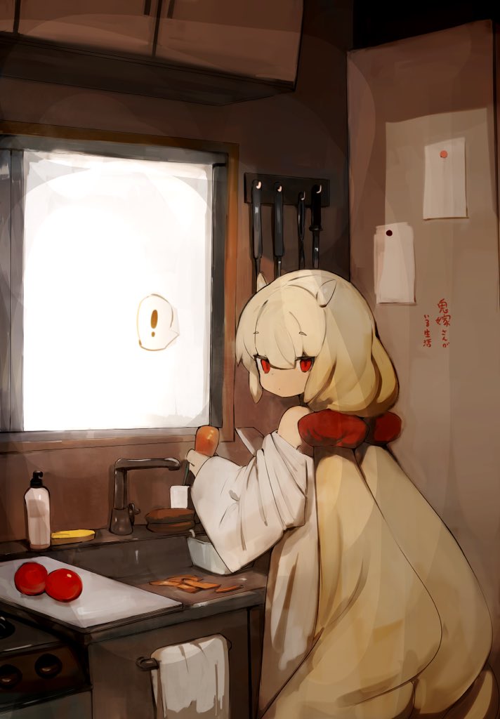 ! 1girl 331ab31 bangs bare_shoulders blonde_hair carrot commentary_request cutting_board eyebrows_visible_through_hair knife long_hair original red_eyes solo spatula spoken_exclamation_mark tomato towel twintails very_long_hair