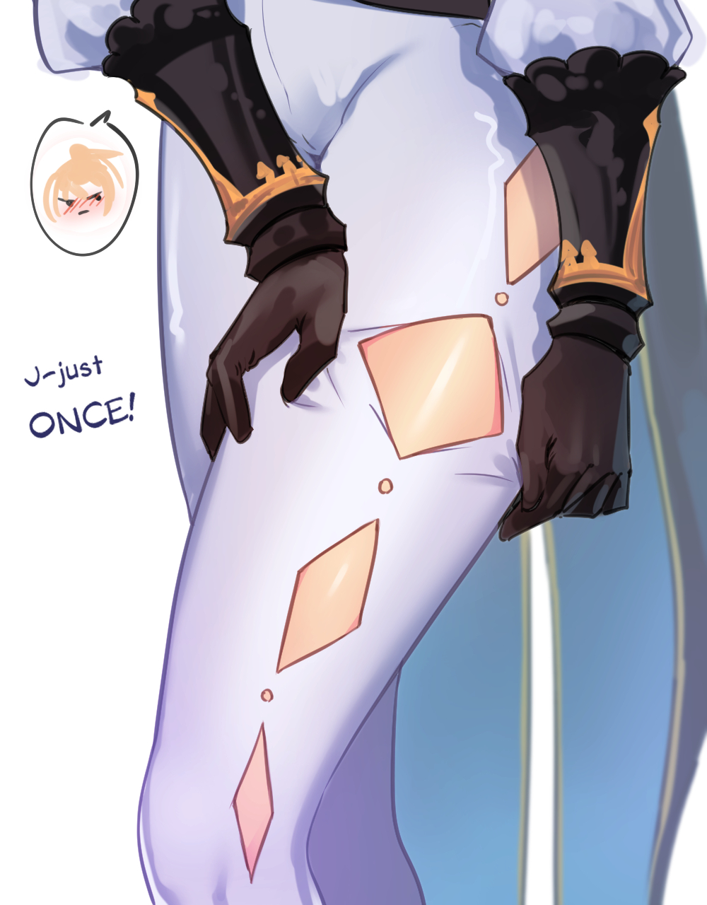 1girl adjusting_clothes black_gloves blush cape clothing_cutout diamond_cutout english_text genshin_impact gloves highres jean_gunnhildr legs long_sleeves lower_body pants skin_tight solo spoken_character vambraces white_background white_pants yoruny