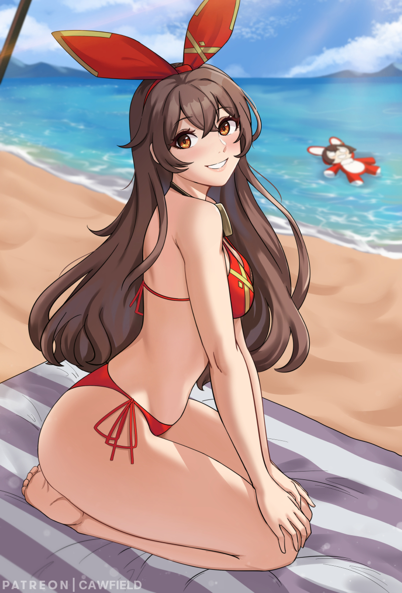 1girl :d amber_(genshin_impact) bare_arms bare_shoulders barefoot baron_bunny_(genshin_impact) beach bikini blue_sky blush breasts cawfield commentary_request cute day feet genshin_impact goggles hair_ribbon halterneck highres kneeling long_hair looking_at_viewer mihoyo_technology_(shanghai)_co._ltd. ocean open_mouth outdoors patreon_username red_bikini red_ribbon revision ribbon side-tie_bikini sky smile soles solo summer swimsuit toes yellow_eyes