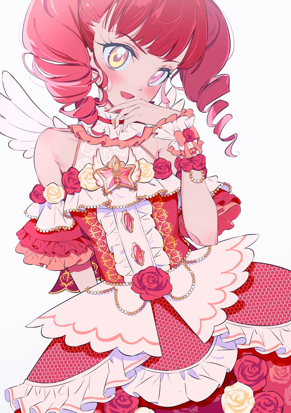 1girl akagi_anna angel_wings arm_behind_back bangs blunt_bangs blush collar commentary dress drill_hair flower frilled_collar frilled_cuffs frills halterneck head_tilt highres idol kiratto_pri_chan layered_dress looking_at_viewer medium_dress medium_hair open_mouth pretty_(series) red_dress red_flower red_rose redhead ribbon rose simple_background smile solo standing star_ornament twin_drills twintails venus_symbol white_background white_ribbon wings yamamura_saki yellow_eyes